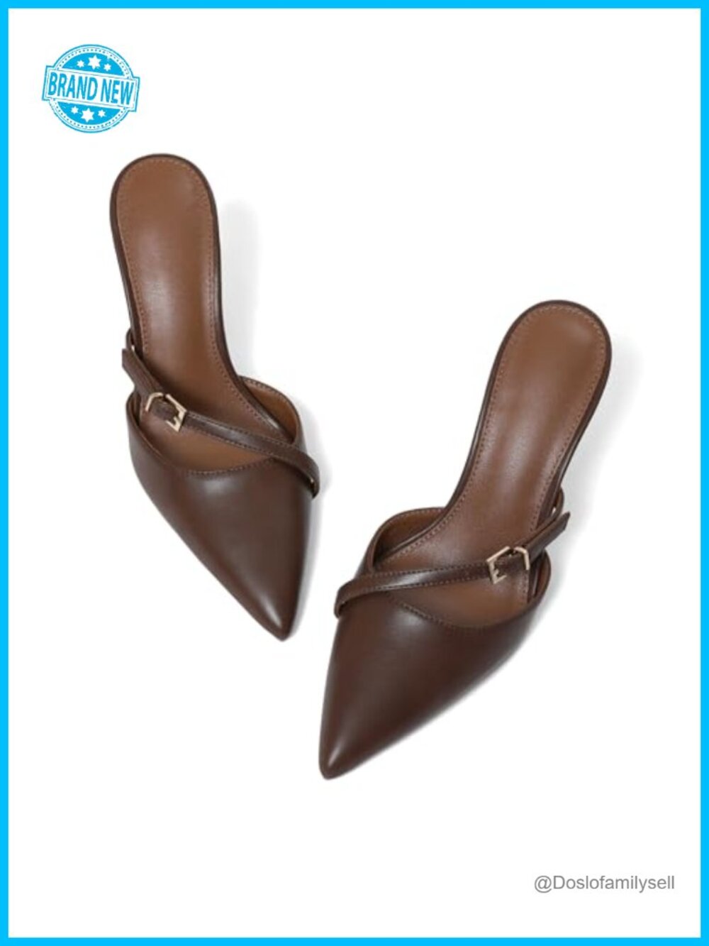 Kitten Heels Mules Pointed Toe Slingback Sandals PU Leather Metal Buckle Strap